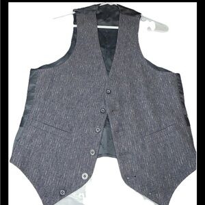 Gray Vertical Striped Wool Blend Button VEST Mens S Waistcoat,  BLUE Satin Back